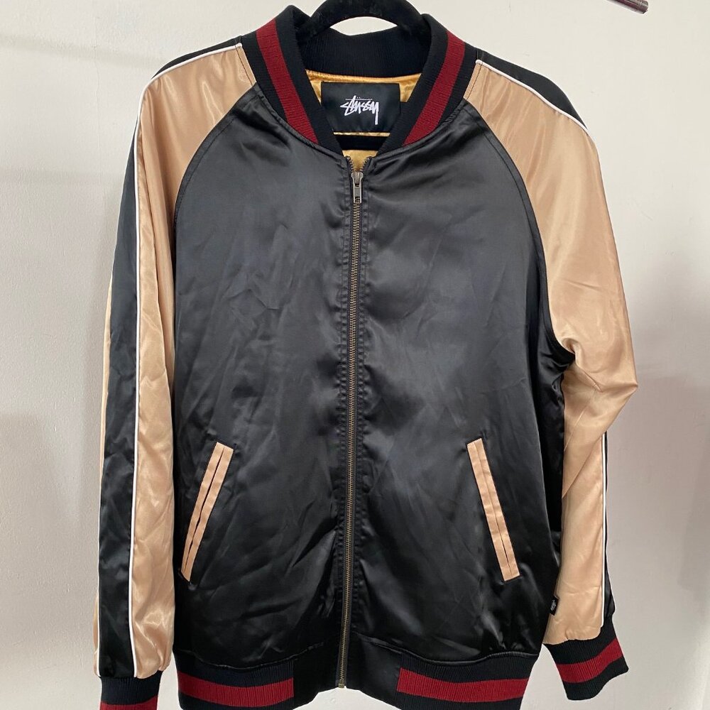 Stussy black and gold satin bomber world tour 35 embroidered tiger men's M